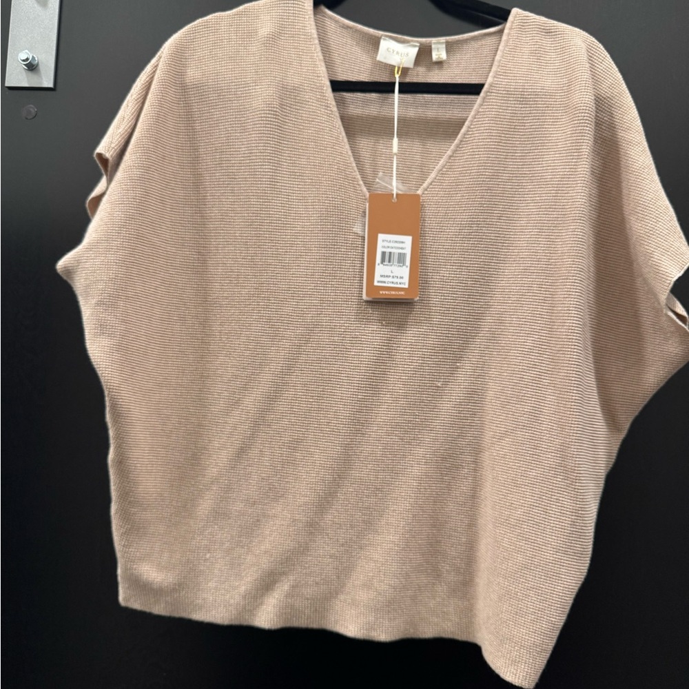 CYRUS NYC Oat Colored Knit V-Neck Top NWT
